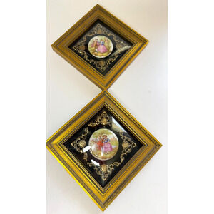 Pair Vintage Fragonard Porcelain Courting Couples Plaques Framed Domed Glass